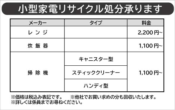 電子レンジ/スチームオーブンレンジ、炊飯器、掃除機小型家電リサイクル法による処分