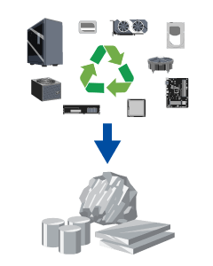 リユース不可なパソコンは解体・分解し、金属やプラスチックなど原材料ごとに分けて資材へリサイクルします。
